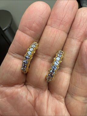 14k yellow gold over sterling silver Tanzanite beautifully carved hoop earrings